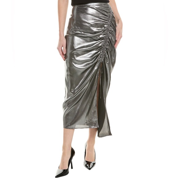 AllSaints Carla Gathered Silver Metallic Midi Skirt Side Split Polyester Size 10 - Picture 3 of 15